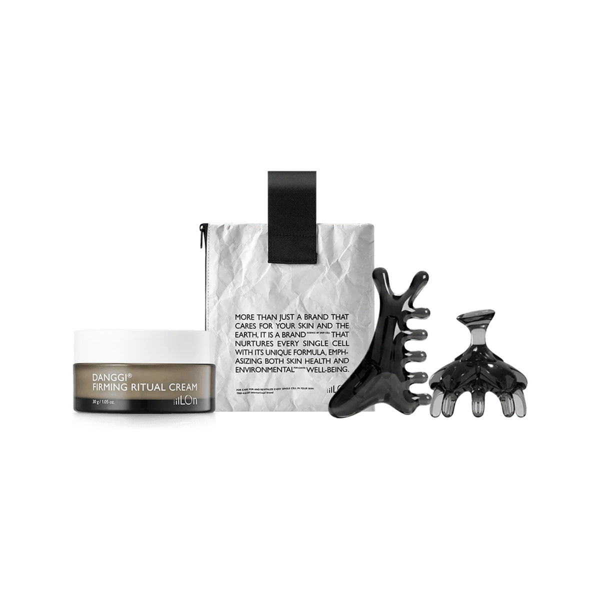 The iLLON Contouring Ritual Kit met Danggi Firming Ritual Cream, bewaarzakje en twee massagetools